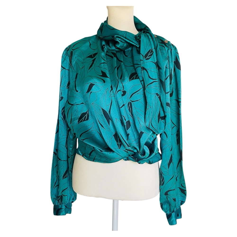 Teal Leaf Print Tie-Neck Blouse - Satin Finish